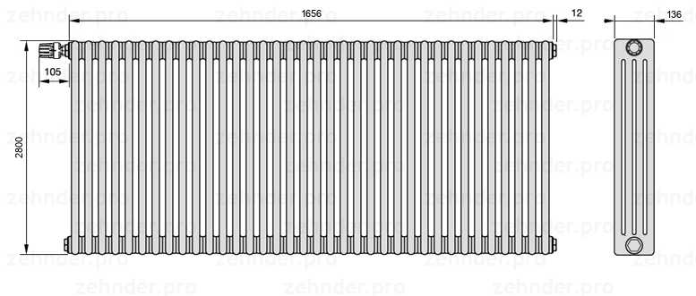 Схема (чертеж) Радиатор Zehnder Charleston 4280/36 №V012 Белый глянцевый RAL 9016